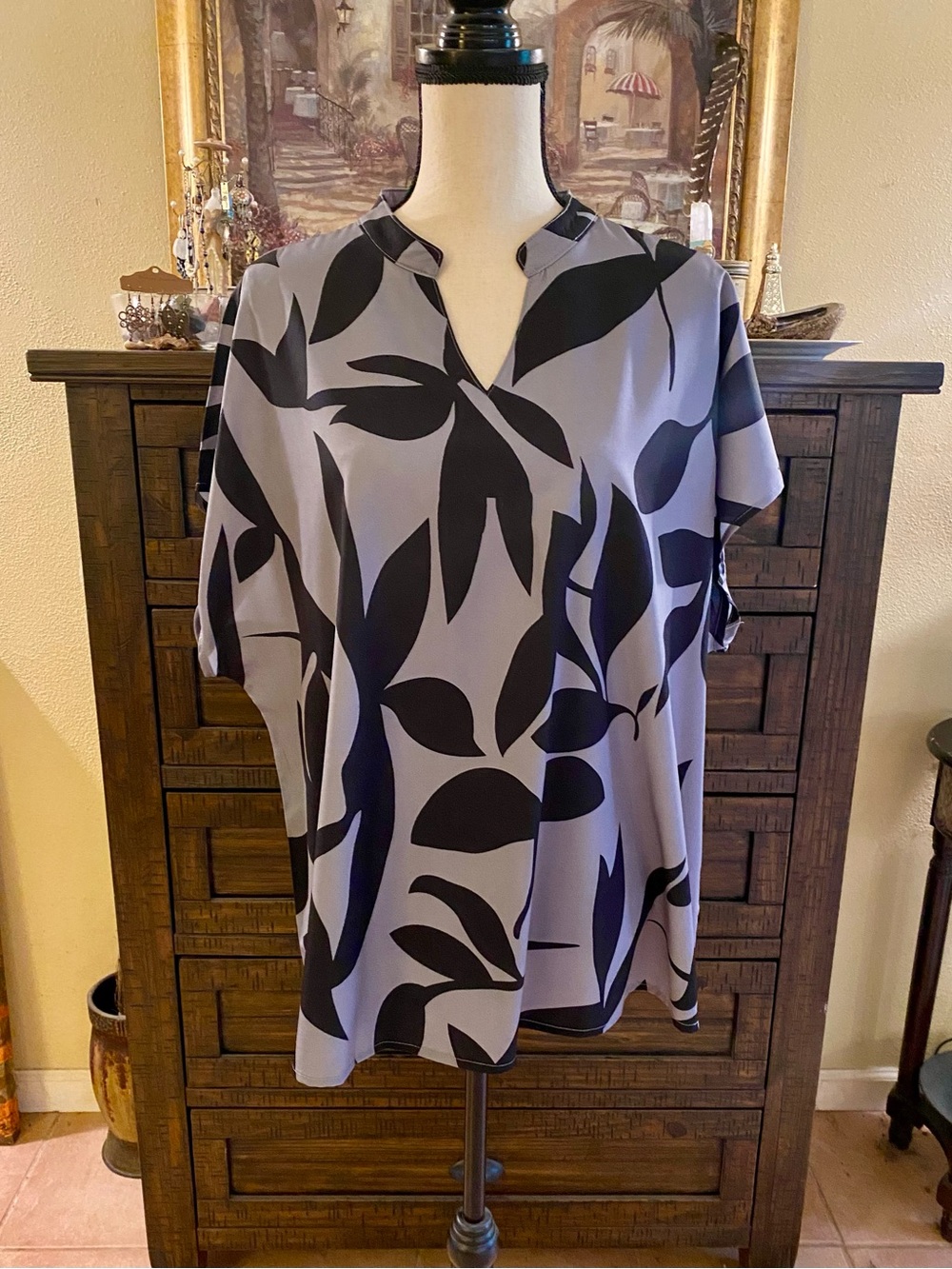 Womens Black Leaf-Print V-Neck Top